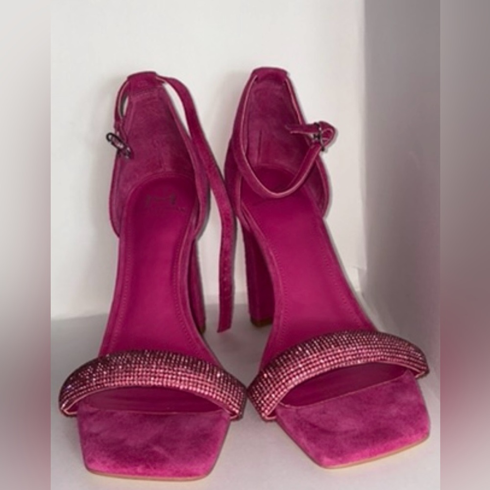 Marc Fisher Fuchsia Open-Toe Block Heels with Rhinestone Strap